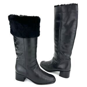 Bally Women Black Winter Knee High Boot Sz 36/5.5 Leather Foldable FurTrim Lined